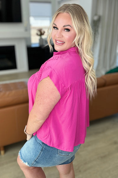Hot Pink Pleat Detail Button Up Blouse - Online Only!