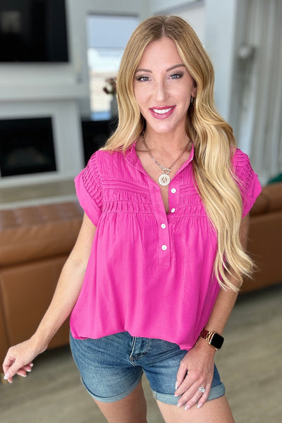 Hot Pink Pleat Detail Button Up Blouse - Online Only!