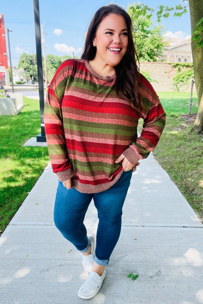 Perfectly You Olive & Mauve Stripe Two-Tone Banded Sweater Top - Online Only!