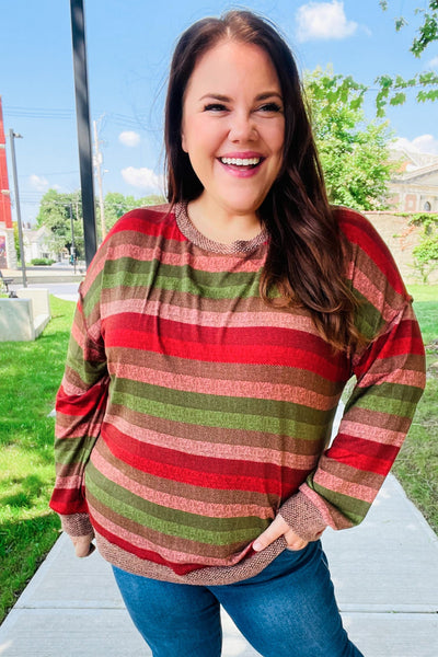 Perfectly You Olive & Mauve Stripe Two-Tone Banded Sweater Top - Online Only!