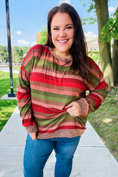 Perfectly You Olive & Mauve Stripe Two-Tone Banded Sweater Top - Online Only!