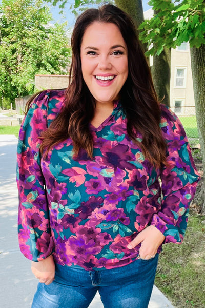 Beautiful You Hunter Green Watercolor Floral Print Notch Neck Top - Online Only!