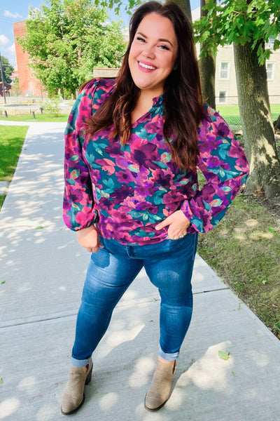Beautiful You Hunter Green Watercolor Floral Print Notch Neck Top - Online Only!