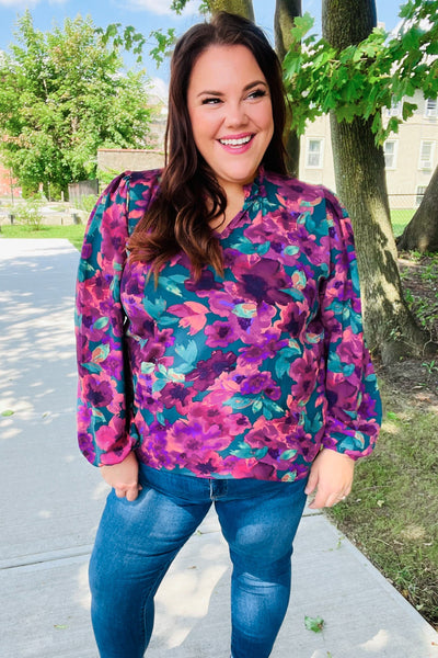 Beautiful You Hunter Green Watercolor Floral Print Notch Neck Top - Online Only!