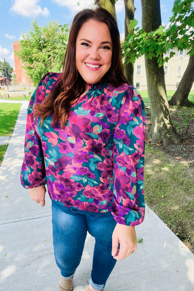 Beautiful You Hunter Green Watercolor Floral Print Notch Neck Top - Online Only!