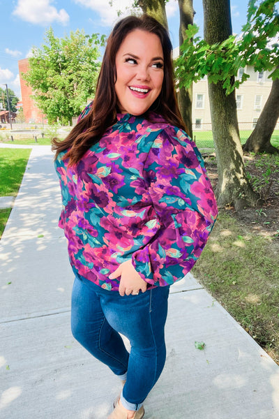 Beautiful You Hunter Green Watercolor Floral Print Notch Neck Top - Online Only!