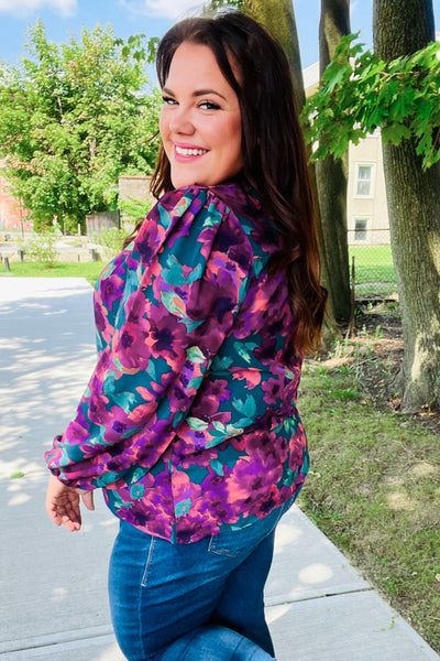Beautiful You Hunter Green Watercolor Floral Print Notch Neck Top - Online Only!