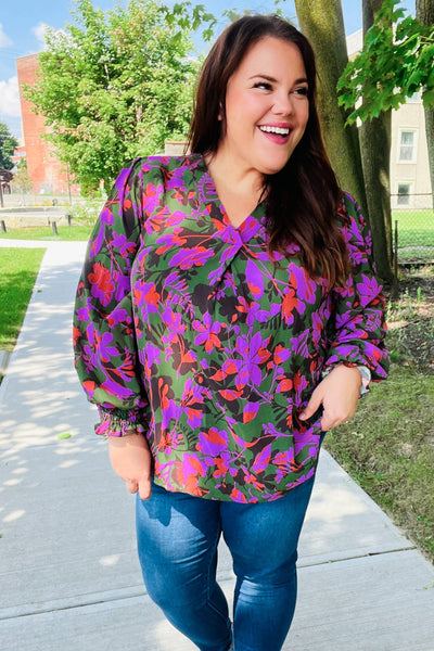 Eyes On You Forest Green Floral Smocked Bubble Sleeve V Neck Top - Online Only!