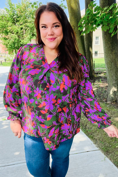 Eyes On You Forest Green Floral Smocked Bubble Sleeve V Neck Top - Online Only!