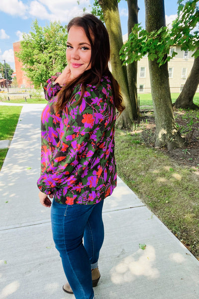 Eyes On You Forest Green Floral Smocked Bubble Sleeve V Neck Top - Online Only!