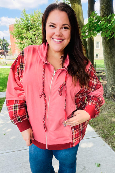 Adorable in Marsala Plaid Color Block Zipper French Terry Hoodie - Online Only!