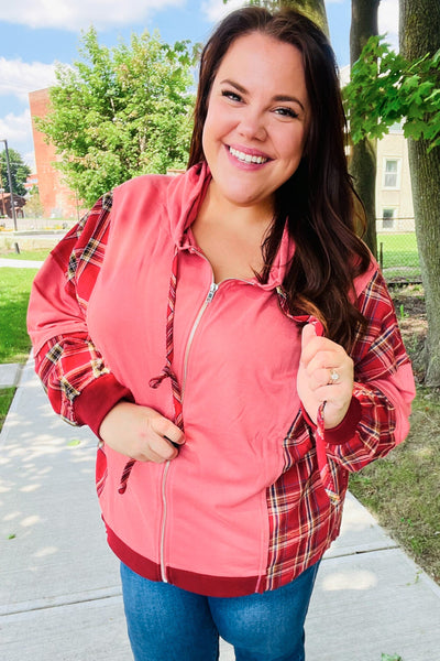 Adorable in Marsala Plaid Color Block Zipper French Terry Hoodie - Online Only!
