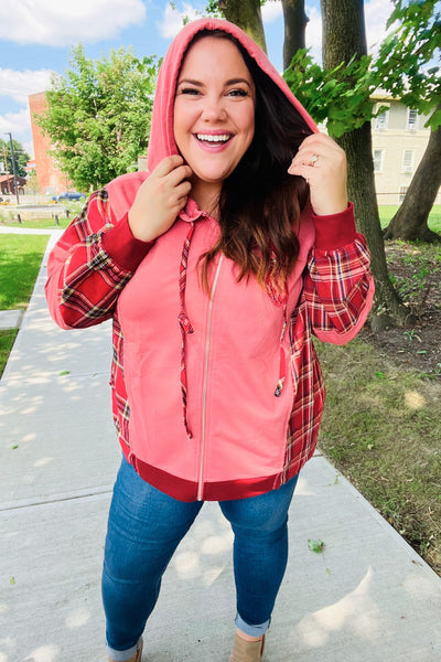 Adorable in Marsala Plaid Color Block Zipper French Terry Hoodie - Online Only!