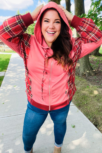 Adorable in Marsala Plaid Color Block Zipper French Terry Hoodie - Online Only!
