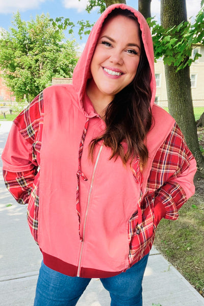 Adorable in Marsala Plaid Color Block Zipper French Terry Hoodie - Online Only!