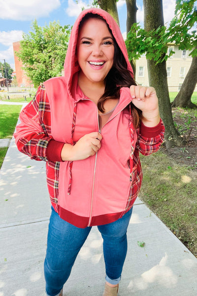 Adorable in Marsala Plaid Color Block Zipper French Terry Hoodie - Online Only!