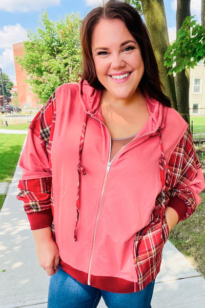 Adorable in Marsala Plaid Color Block Zipper French Terry Hoodie - Online Only!