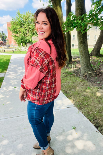 Adorable in Marsala Plaid Color Block Zipper French Terry Hoodie - Online Only!