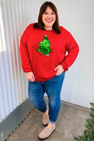 More The Merrier Red Sequin Christmas Tree Hacci Top - Online Only!