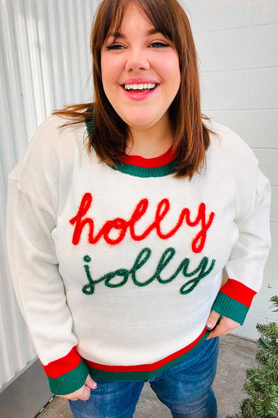 Hohoho Red & Green "Holly Jolly" Lurex Embroidered Sweater - Online Only!