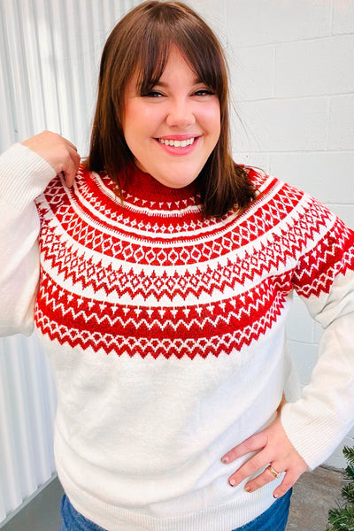 Feeling Festive Ivory & Red Fair Isle Mock Neck Sweater - Online Only!