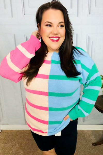 Perfectly Poised Blush & Blue Stripe Color Block Knit Sweater - Online Only!