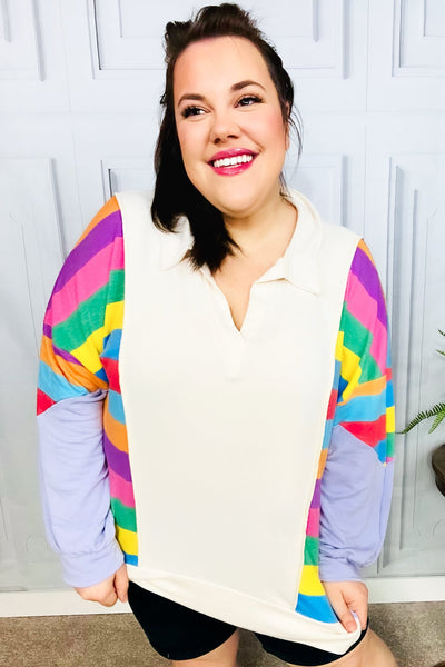 Feeling Bold Lilac Multicolor Stripe Collared V Neck Pullover - Online Only!