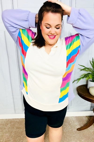 Feeling Bold Lilac Multicolor Stripe Collared V Neck Pullover - Online Only!