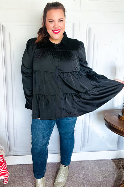 Perfectly You Black Button Down Tiered Babydoll Satin Top - Online Only!