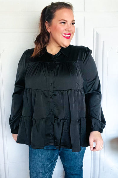 Perfectly You Black Button Down Tiered Babydoll Satin Top - Online Only!