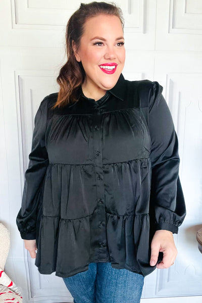 Perfectly You Black Button Down Tiered Babydoll Satin Top - Online Only!