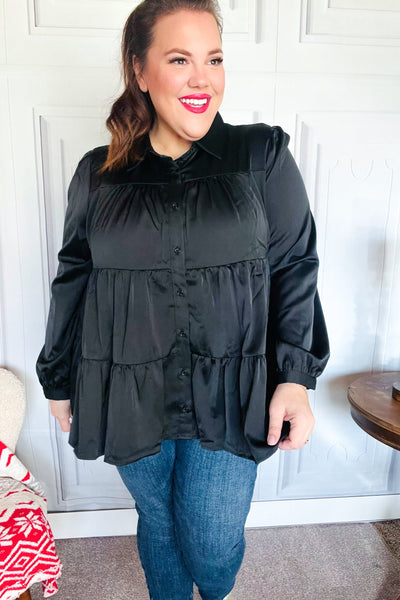 Perfectly You Black Button Down Tiered Babydoll Satin Top - Online Only!
