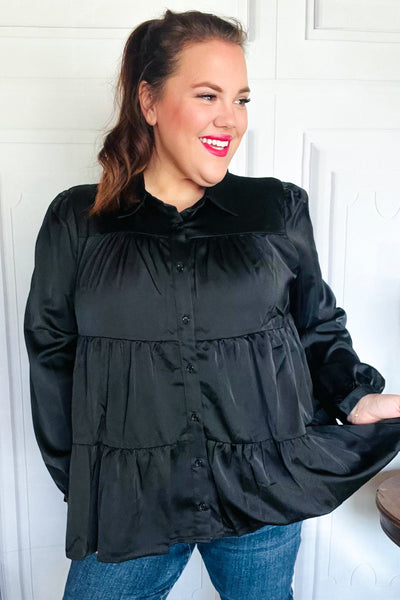 Perfectly You Black Button Down Tiered Babydoll Satin Top - Online Only!