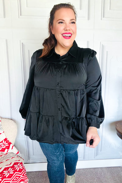 Perfectly You Black Button Down Tiered Babydoll Satin Top - Online Only!