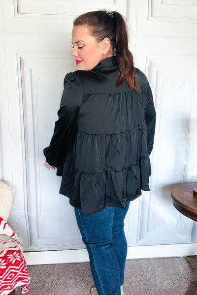 Perfectly You Black Button Down Tiered Babydoll Satin Top - Online Only!