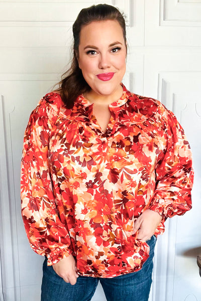 Fall Vibes Rust Floral Print Notched Neck Smocked Satin Top - Online Only!