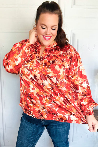Fall Vibes Rust Floral Print Notched Neck Smocked Satin Top - Online Only!