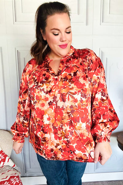 Fall Vibes Rust Floral Print Notched Neck Smocked Satin Top - Online Only!