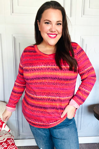 Be Bold Flame & Magenta Striped Cable Knit Print Hacci Top - Online Only!