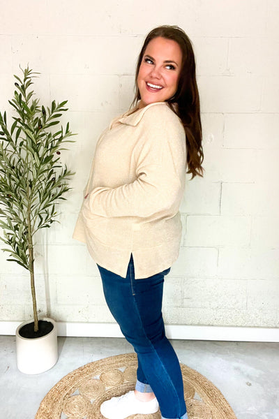 Easy Living Oatmeal Textured Knit Notch Neck Oversized Collar Sweater - Online Only!