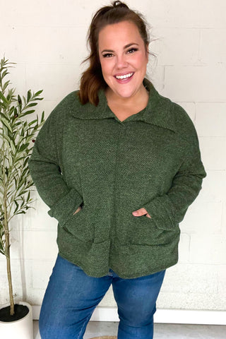 Easy Living Olive Textured Knit Notch Neck Oversized Collar Sweater - Online Only!