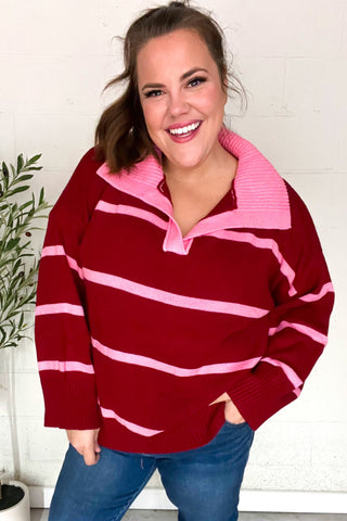 Fall For You Crimson Stripe Notched Neck Collared Oversized Sweater - Online Only!