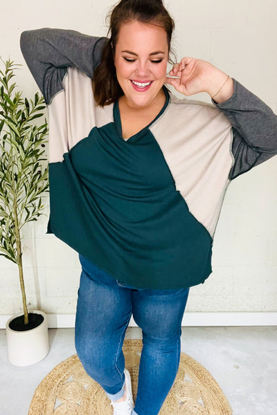 Stand Out Hunter Green V Neck Raglan Color Block Outseam Top - Online Only!