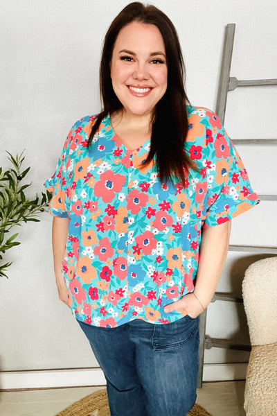 Mint Flat Floral V Neck Dolman Top - Online Only!