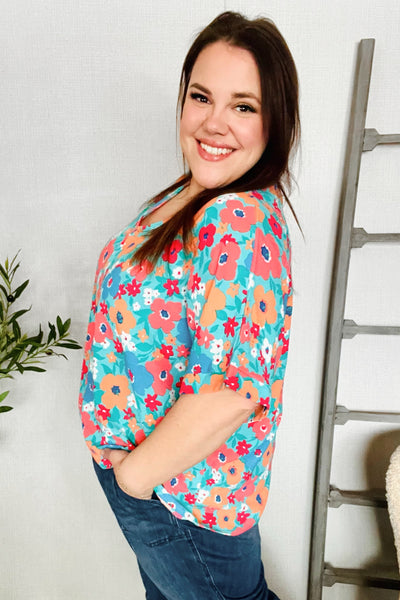 Mint Flat Floral V Neck Dolman Top - Online Only!
