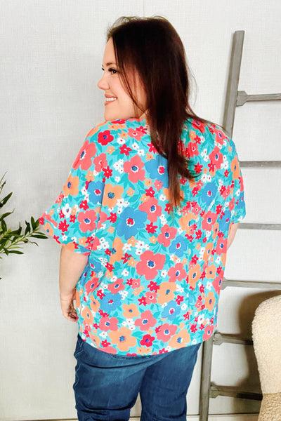 Mint Flat Floral V Neck Dolman Top - Online Only!