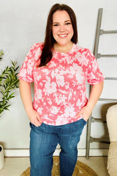 Spring Vibes Coral Wavy Rib Puff Short Sleeves Floral Top - Online Only!