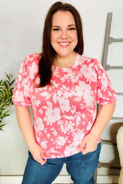 Spring Vibes Coral Wavy Rib Puff Short Sleeves Floral Top - Online Only!