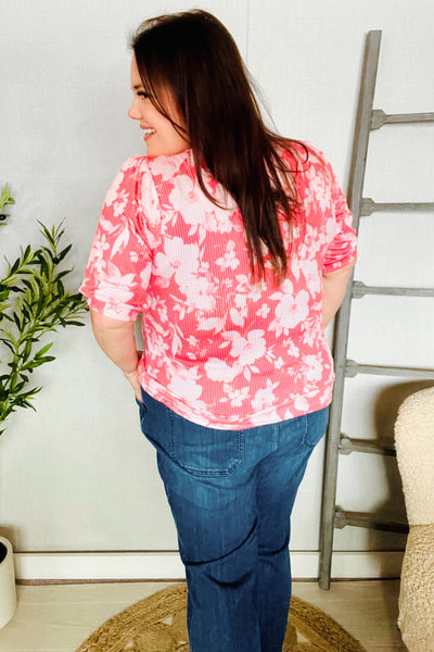 Spring Vibes Coral Wavy Rib Puff Short Sleeves Floral Top - Online Only!