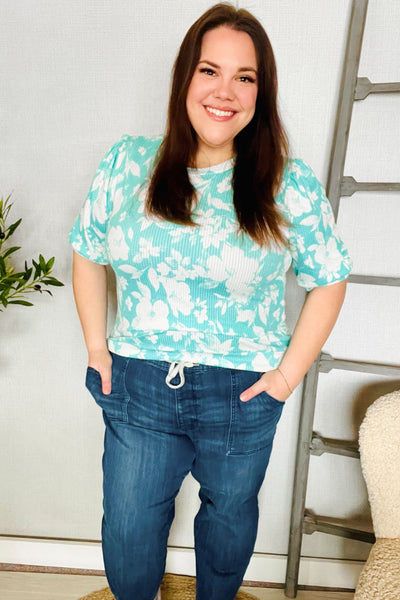 Spring Vibes Mint Wavy Rib Puff Short Sleeves Floral Top - Online Only!